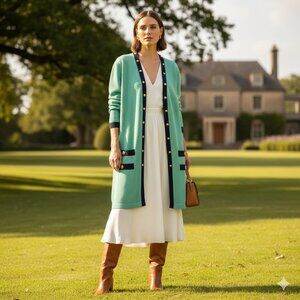 St. John Knit Cardigan Jacket Mid Length Mint Green L Preppy Old Money Work Chic